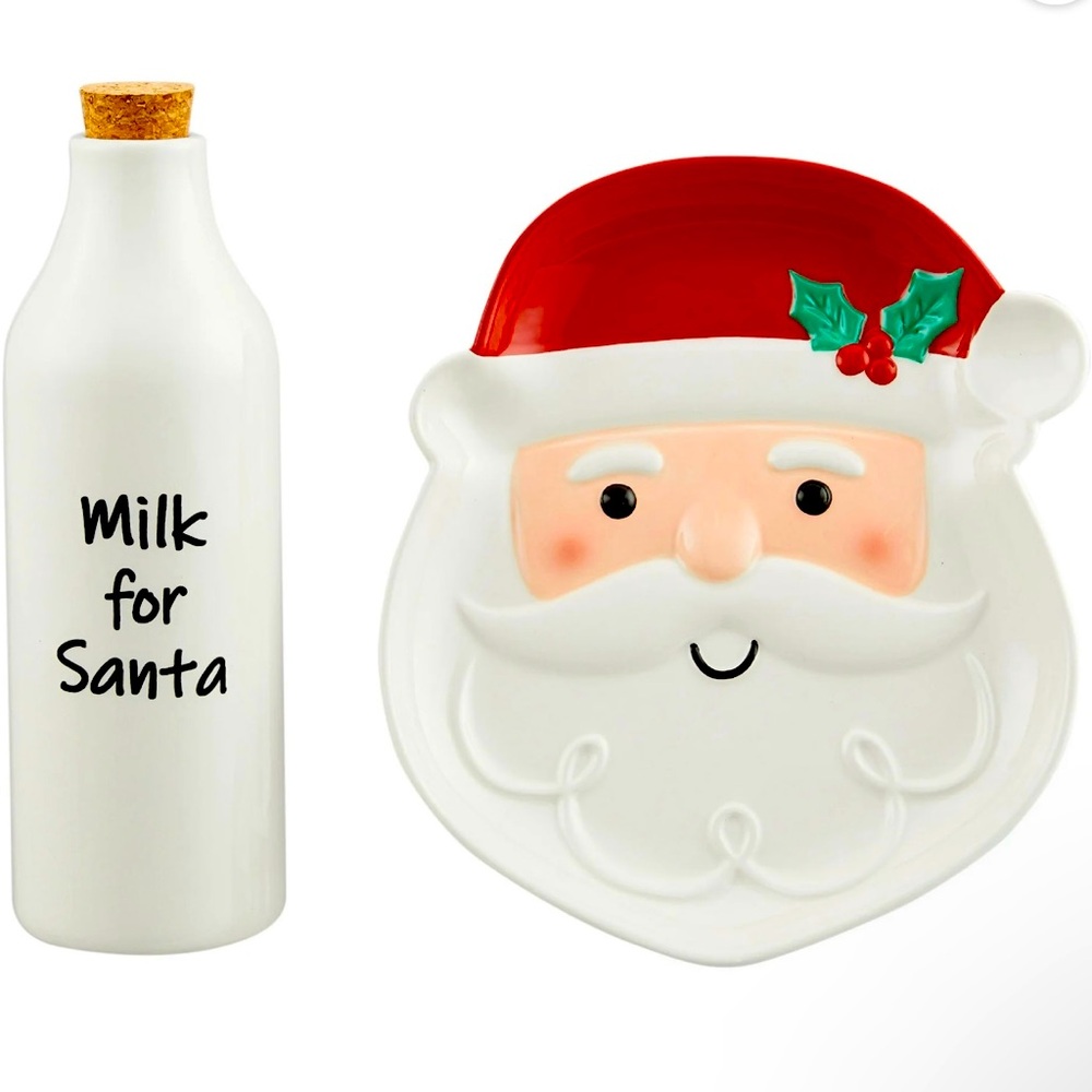 NIB Santa-Shaped Glazed Earthenware Cookie Plate with Corked Milk Bottle